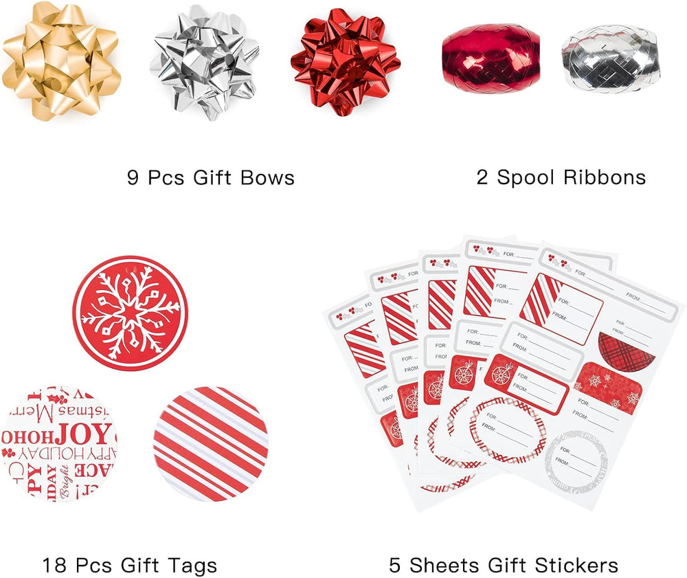 WRAPAHOLIC Christmas Wrapping Paper Set - Red and White Metallic Foil Shine C...