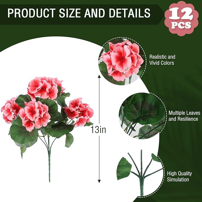 Hananona Artificial Geranium Flowers for Outdoors Geranium Silk Flowers Outdoor UV Resistant Garden Plants Faux Flowers for Home Kitchen Table Centerpieces Decor (12, Peach) (12 Pcs)
