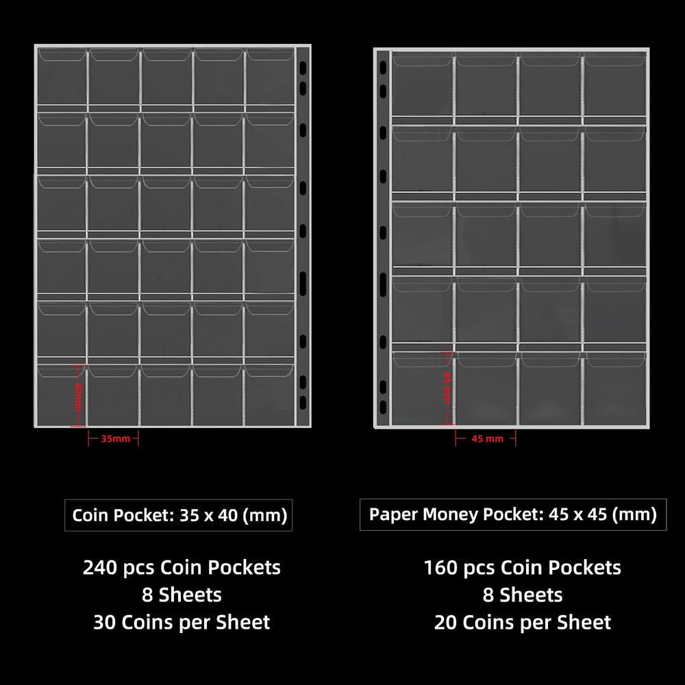 400-Pocket Fireproof Coin Book with Lock & 36 Paper Currency Binder Sleeves