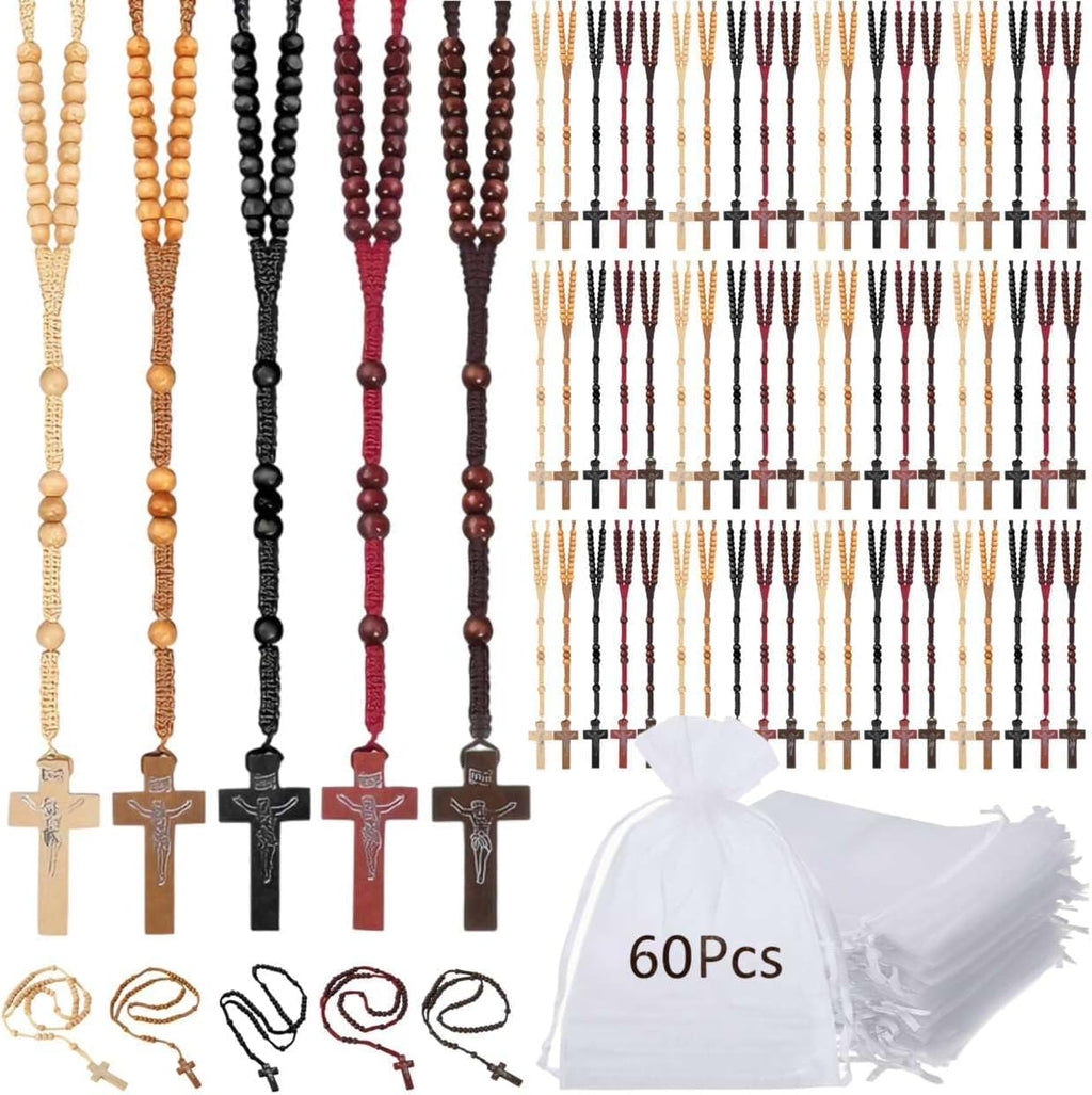 60 Pcs Olive Wooden Rosary Beads Bulk, 5 Colors