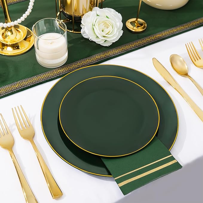 NOCCUR 350PCS Green Plastic Plates - Disposable Green Gold Dinnerware Set for 50 Guests, 100 Dinner/Dessert Plates, 150 Gold Silverware, 50 Cups&50 Napkins for Party/Wedding/Birthday/Christmas