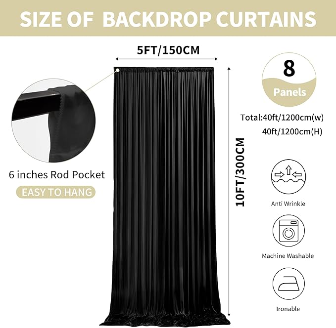 40x10ft Backdrop Curtains for Parties, 8 Panels 5x10ft Curtains Photography Drapes Rod Pocket Curtain Backdrop for Birthday Wedding Baby Shower Home Decor