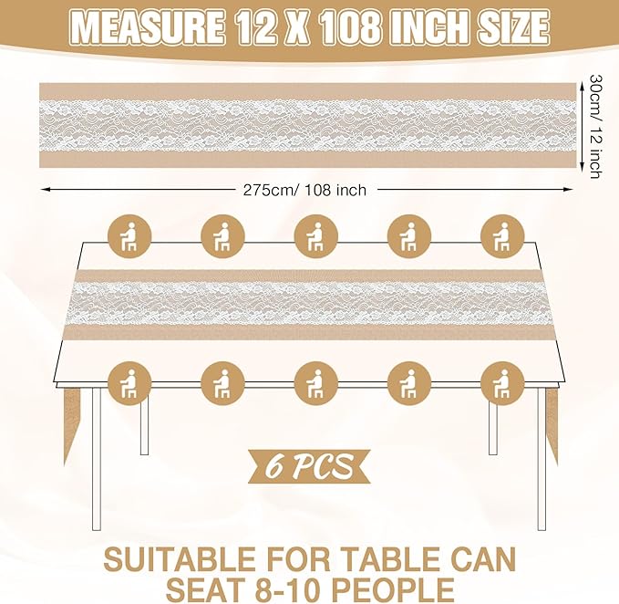 Xinnun 6 Pcs Burlap Table Runner with Lights 12 x 108 Inches Burlap Lace Table Runner Rustic Wedding Decorations Home Party (Flower)