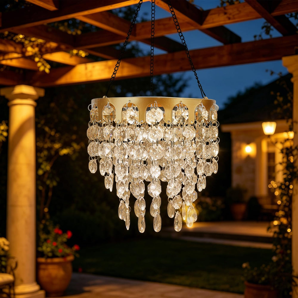 Solar Powered Hanging Chandelier Gold Metal Frame Acrylic Crystal LED Light