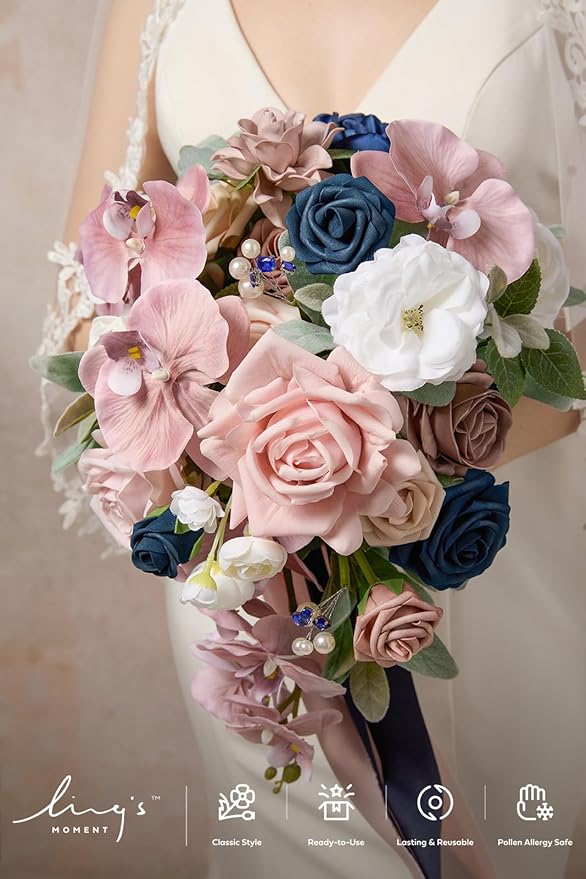 Ling's moment Pink Blue Bridal Bouquet Cascading, Dusty Rose Navy Wedding Bouquets for Bride, 13 Inch Bride Artificial Flowers Bouquets