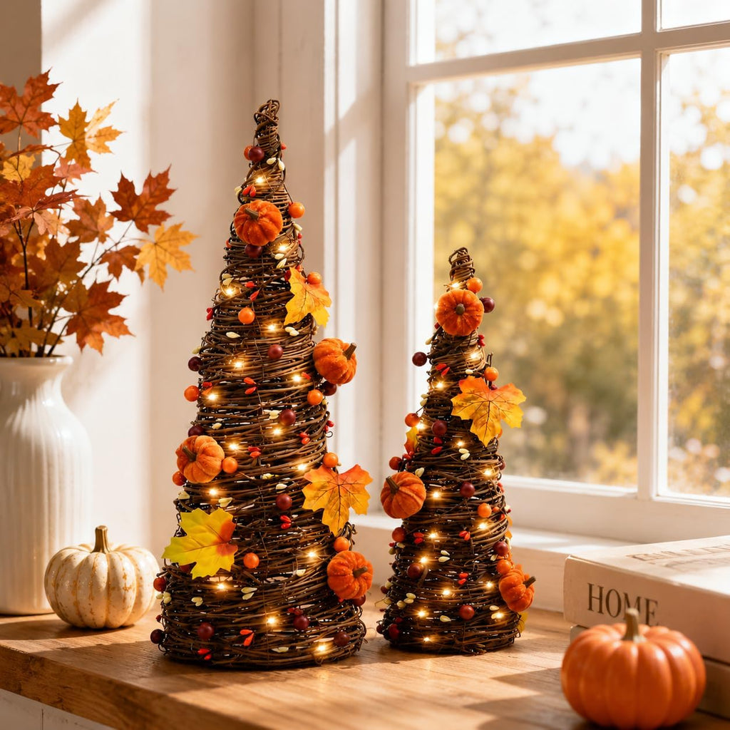 lighted fall table tree decor, farmhouse pumpkin fall, side view