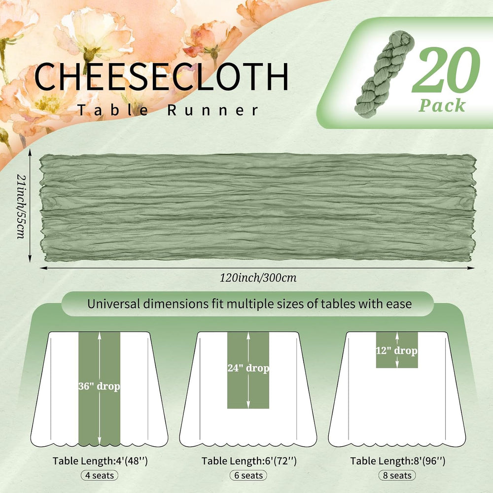 20 Pack Sage Green Cheesecloth Table Runner Wedding Birthday Table Decor