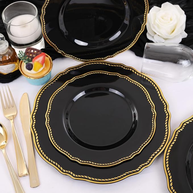 Hioasis 60pcs Balck Plastic Plates - Black and Gold Disposable Dinnerware with Gold Rim, Heavy-duty, 10.25 inch, Dinner Plates for Party & Wedding