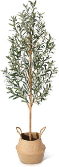 Kazeila 6FT Artificial Olive Tree with Real Wood Trunk & Woven Basket