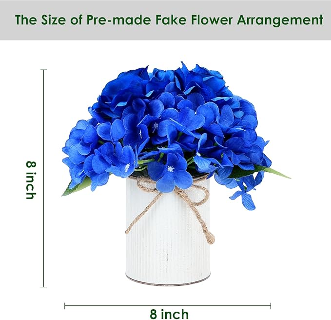 Flower Table Centerpieces - Set of 6 Floral Arrangement Artificial Wedding Hydrangeas Floral Arrangement with Rustic Metal Vase for Bridal Tea Party Event Decorations - Royal Blue