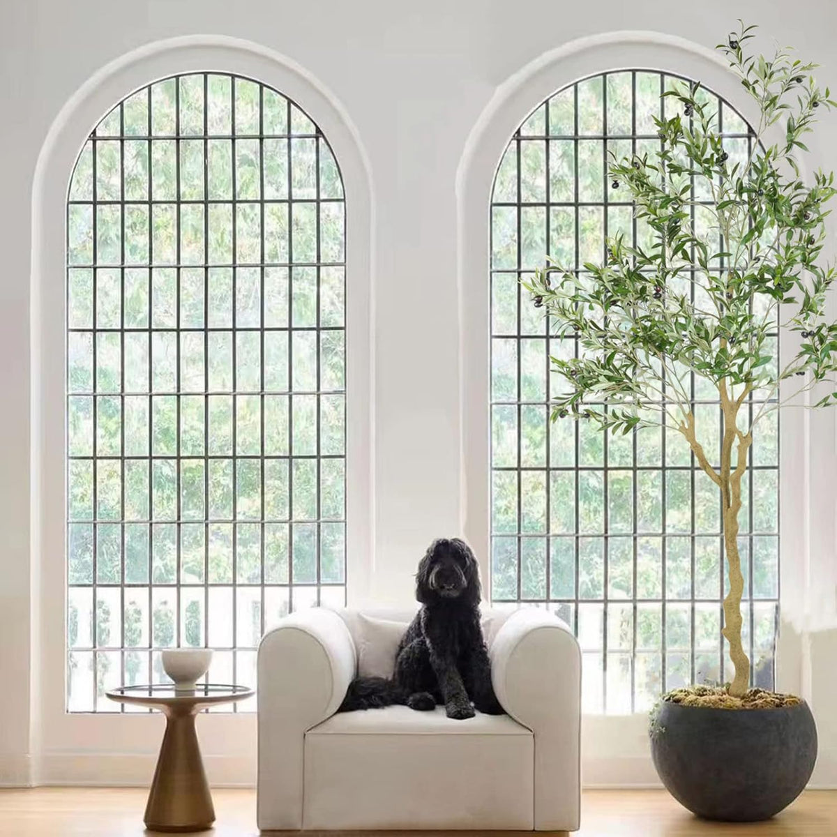nafresh tall faux olive tree，7ft（84in） realistic potted silk showing dimensions