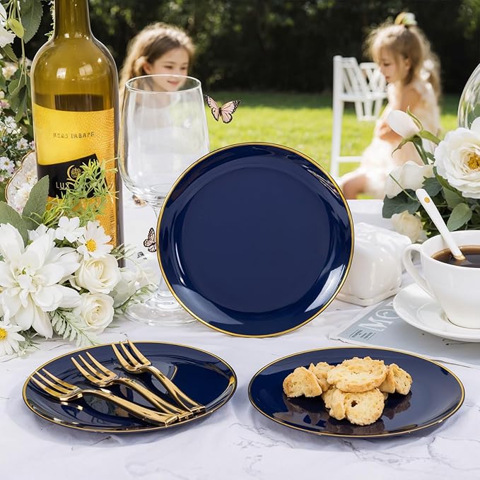 Festiva 200Pcs Navy Blue Gold Dessert Plates 6.3" with Plastic Forks 5"- Small Disposable Plates- Dessert/Cake/Appetizer Plastic Plates include 100Plates 100Forks for Christmas Party & Hanukkah