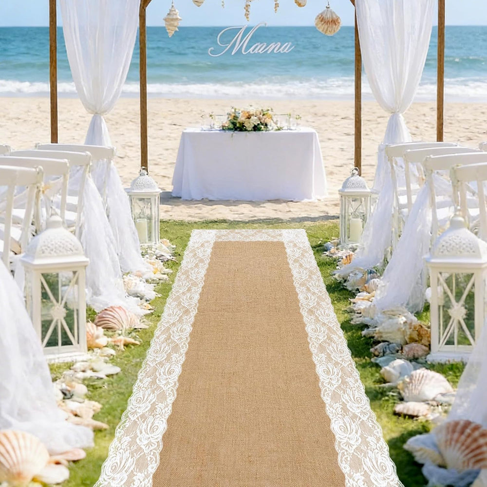 20 Ft x 40 Inch Natural Burlap Wedding Aisle Runner with Lace