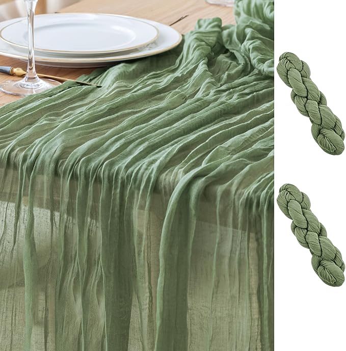 Asee'm 2pcs Cheesecloth Table Runner 120 Inches Sage Green Boho Gauze Cheese Cloth Runner 10FT Rustic Sheer Table Runners for Summer Wedding Baby Shower Holiday Party Decoration