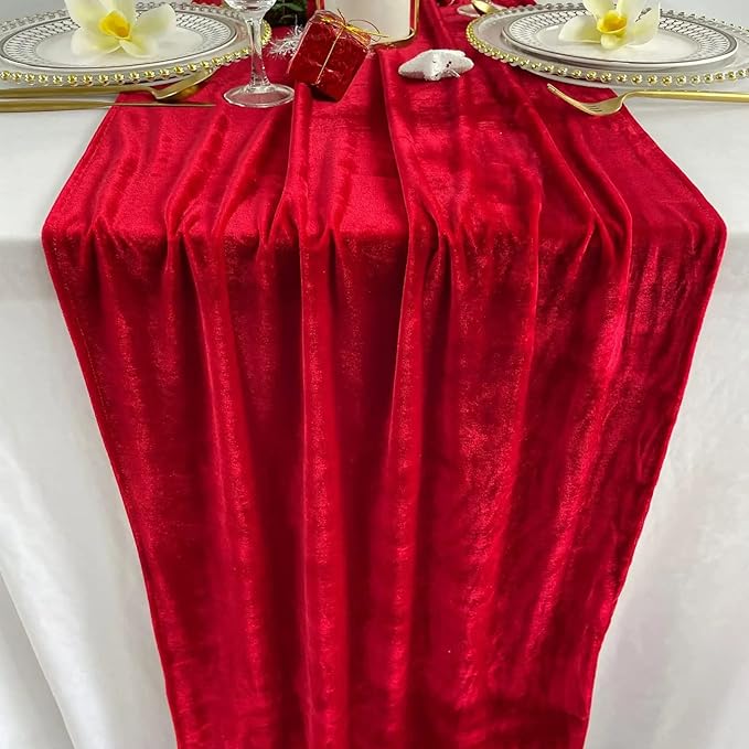 Luxurious Velvet Table Runner, 10ft Wedding Reception Decorations, 20x120inch Soft Velvet Fabric, Table Linen Overlay, Wedding Table Runners (Red, 20X120inch, 2pack)