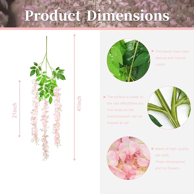 36 Pack Light Pink Wisteria Hanging Flowers, 3.44 Ft Fake Hanging Flowers, Artificial Wisteria Garland Vines for Wedding Room Backdrop Outdoor Patio Garden Decoration