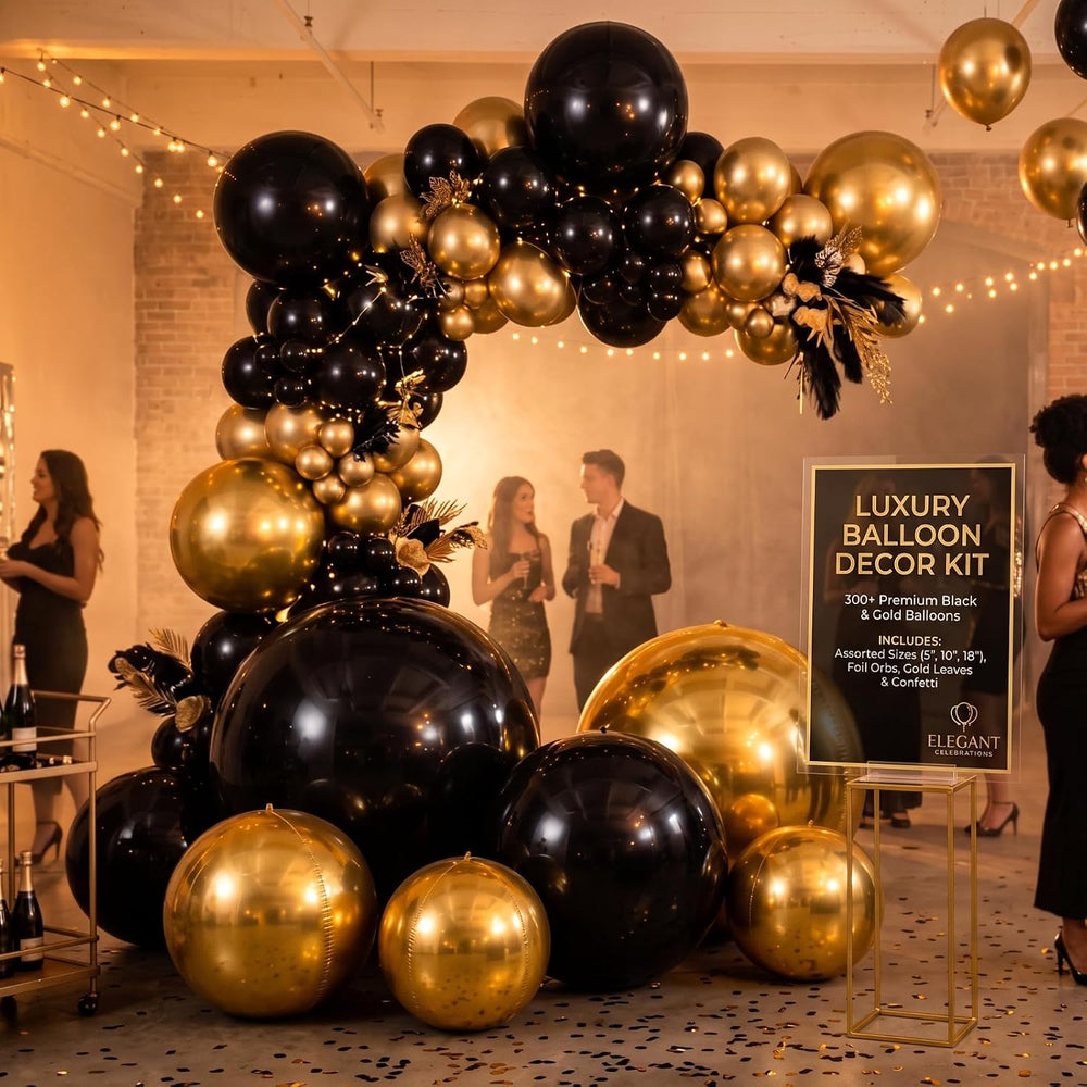 12 Pcs Giant Black Gold Metallic Party Balloons, Assorted