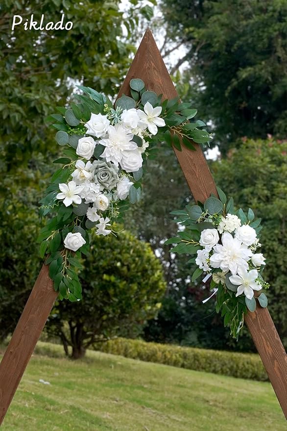Faux Flower Swag Set of 2 for Wedding Welcome Signs Floral Swag Wedding Reception Ceremony Signs Decor (White & Green)