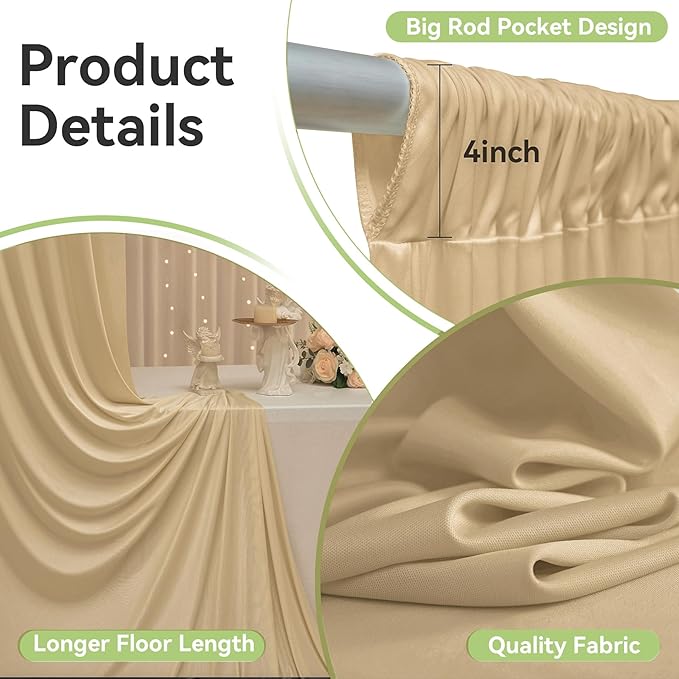 50ftx12ft Wrinkle Free Beige Backdrop Curtain, 10 Panels 12FT Height Beige Wedding Backdrop Drapes, Silky Polyester Back Drop Cloth for Birthday Photography Background Party Backdrop Draping