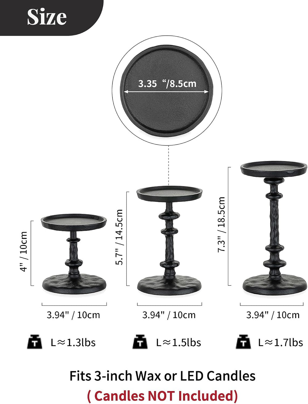 NUPTIO Black Candle Holders for Pillars: Cast Iron Candle Stand Set of 3