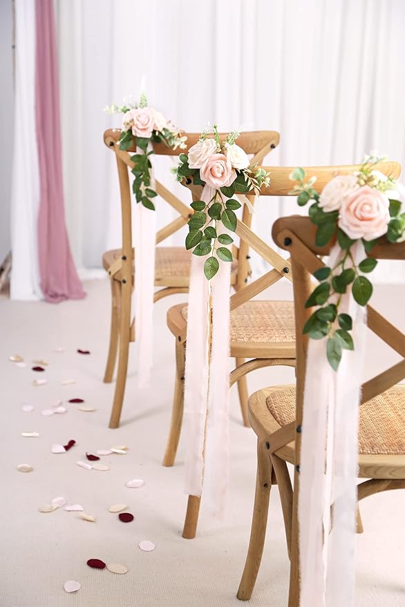 Wedding Aisle Decorations - Set of 10 Pew Flowers - Artificial Roses & Eucalyptus - Pink & Cream - 5.5" x 13" - Elegant Traditional Modern Style - Chair Flowers