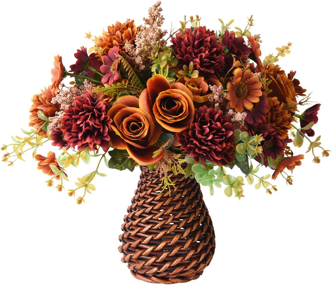 Fall Artificial Faux Flowers in Vase Fake Silk Rose Bouquets Indoor Decor