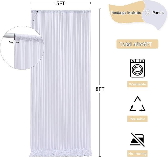 40 ft x 8 ft White Backdrop Curtain Drapes for Wedding Parties, 8 Panels 5 ft x 8 ft Wrinkle Free Polyester Photo Backdrop Drapes for Birthday Party Baby Shower Backdrop Stand