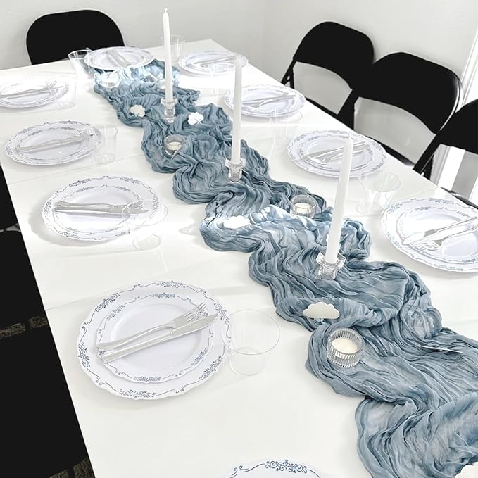 12 Pack Dusty Blue Cheesecloth Table Runners 35x120 Inch,10FT Boho Fall Thanksgiving Blue Gauze Table Runner Cheese Cloth for Wedding Party Baby Shower Home Decorations