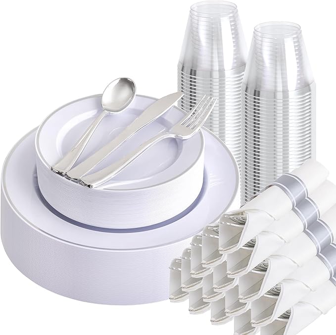 SUT 175 Pcs Silver Plastic Dinnerware Set for 25 Guests, Include: 25 Dinner Plates, 25 Dessert Plates, 25 Pre Rolled Napkins With Silver Silverware, 25 Cups, Disposable Plates for Wedding, Party