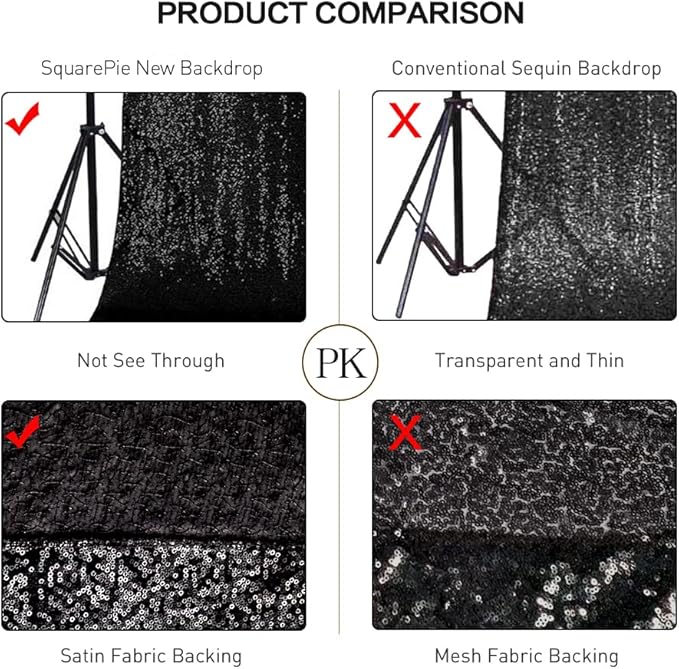 SquarePie Sequin Backdrop Curtain 8FT x 10FT Black Satin Backing Fabric Photography Background for Wedding Patry 4FT x 10FT 2 Panels (2 PCS)