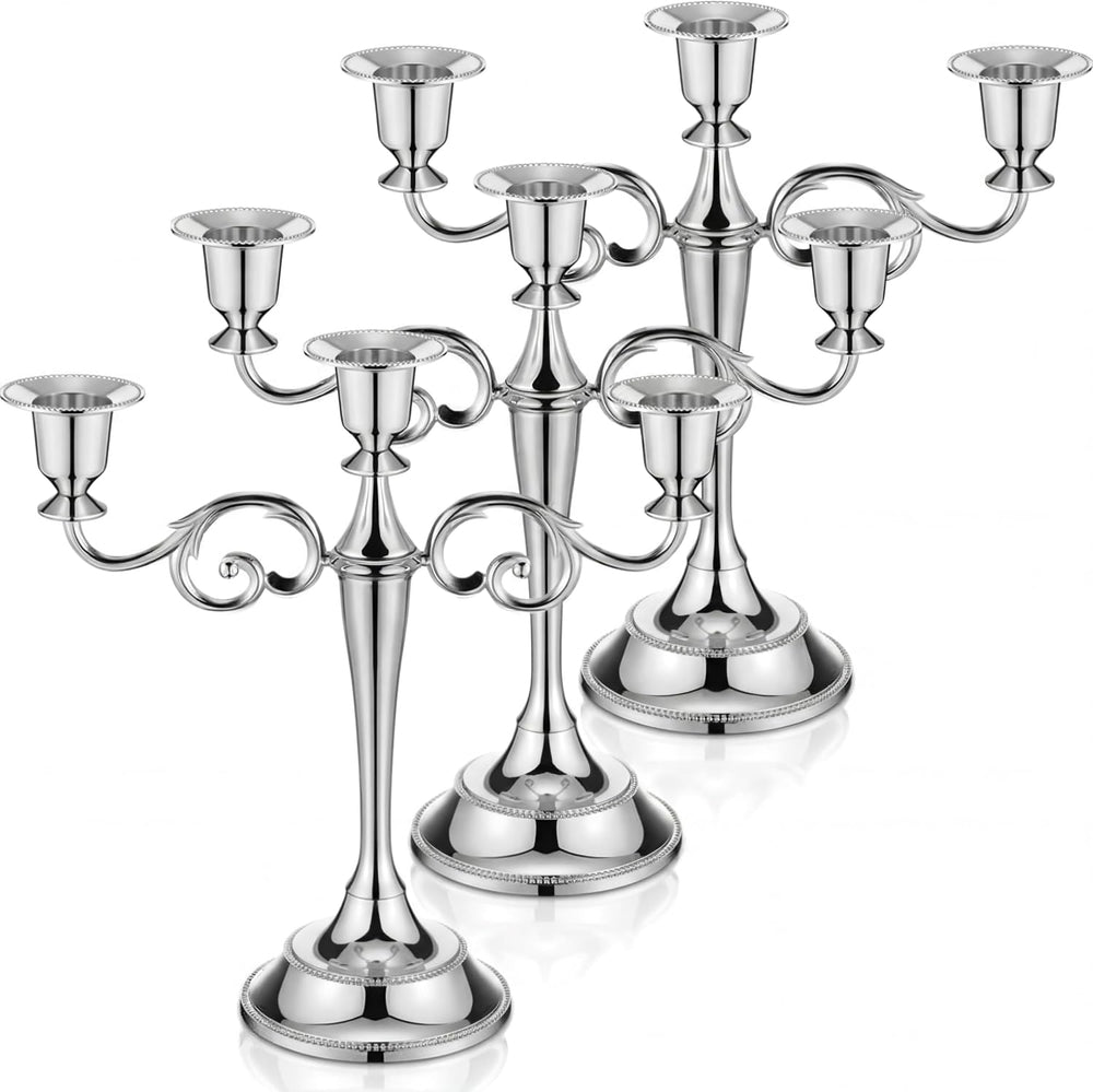 3 Pcs 3 Arm Metal Candelabra Candle Holder, Classic, 10", Silver