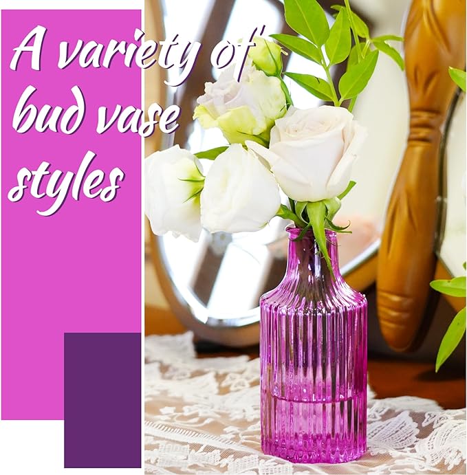 12PCS Hot Pink Vase for Flowers, Small Glass Bud Vases for Centerpieces Purple Flower Vase in Bulk for Home Office Decor