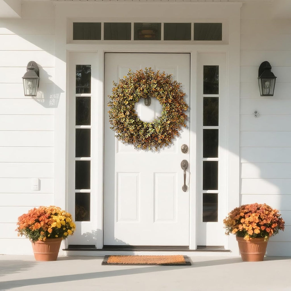 26''Large Artificial Fall Boxwood Wreath for Front Door Decor(Orange-Green)
