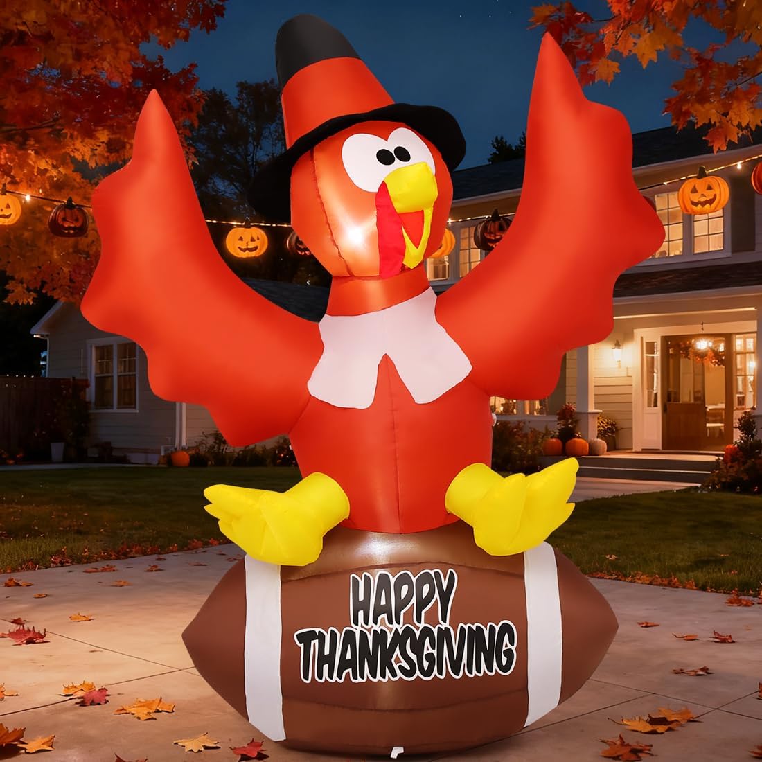 GOOSH 5 FT Thanksgiving Inflatables Turkey Outdoor Decorations Blow Up Yard Turkey with a Rugby with Built-in LEDs for Indoor Party Garden Lawn Decor