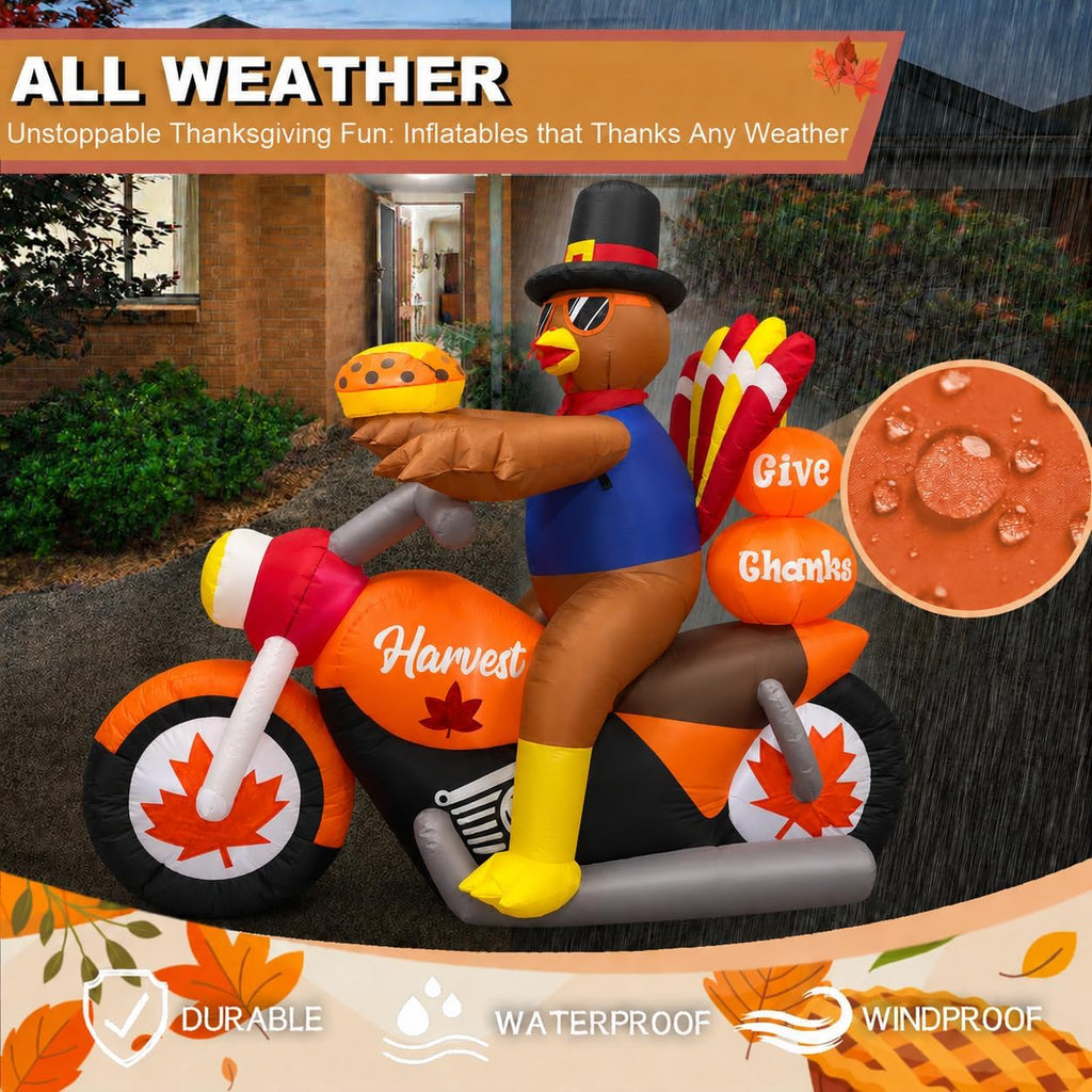 6.3ft long thanksgiving inflatable turkey riding motorcycle outdoor on a desk or shelf