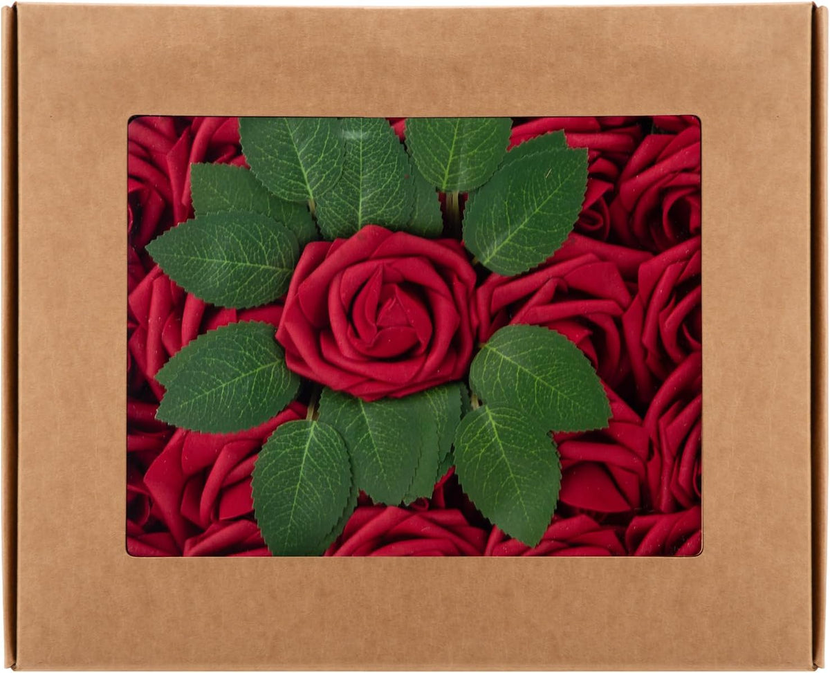 Cliselda 100Pcs Red Fake Roses Artificial Flowers Foam Rose Bulk with Stems