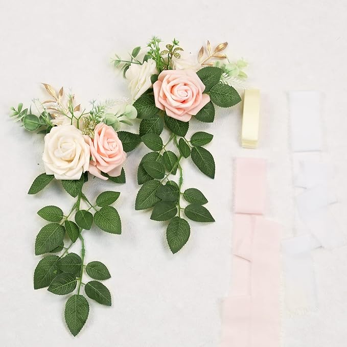 Wedding Aisle Decorations - Set of 10 Pew Flowers - Artificial Roses & Eucalyptus - Pink & Cream - 5.5" x 13" - Elegant Traditional Modern Style - Chair Flowers