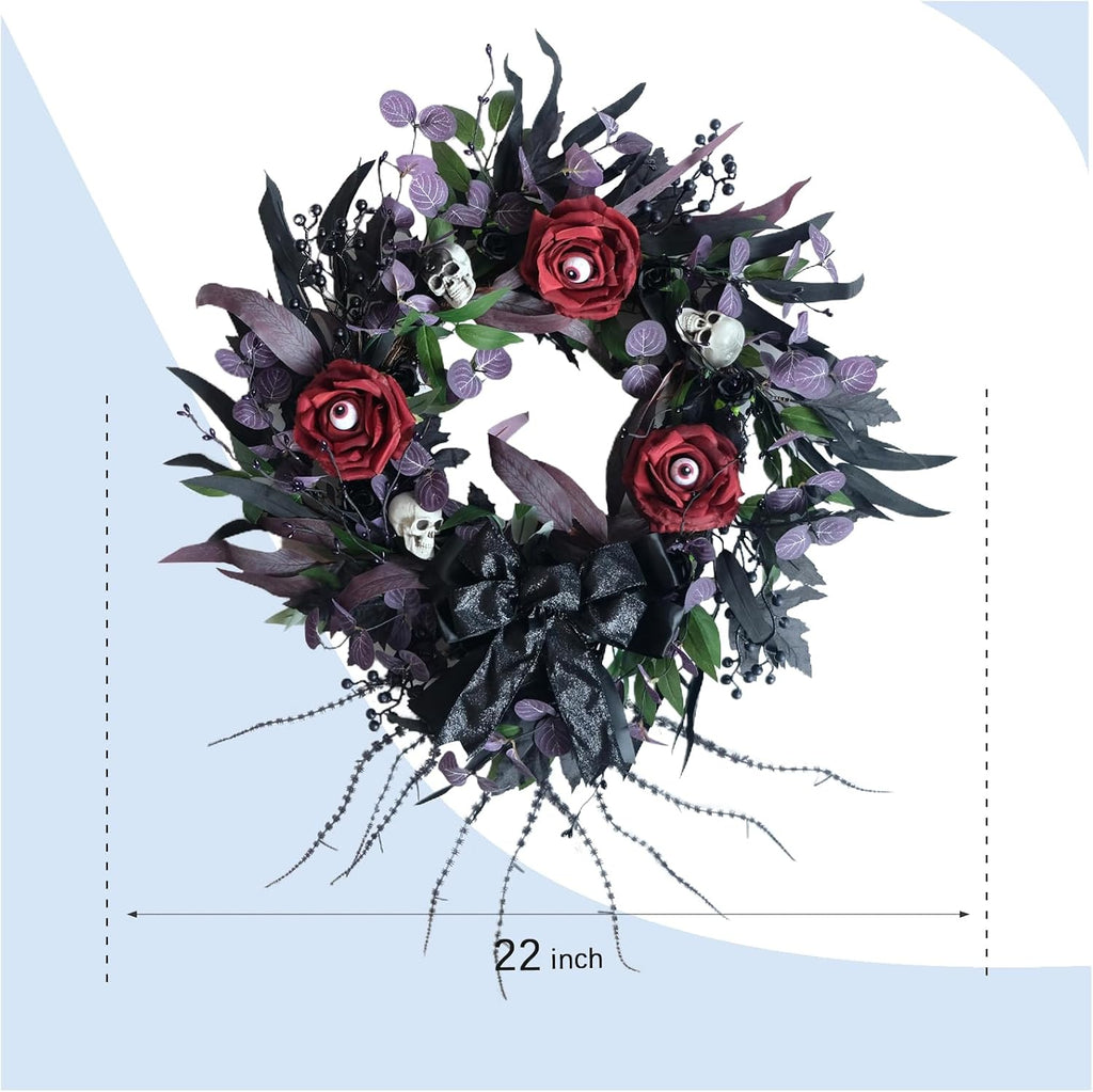 22 inch halloween wreath with black roses skeleton on a desk or shelf