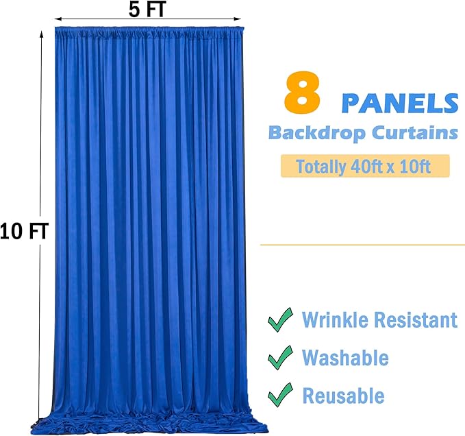40ftx10ft Wrinkle Free Royal Blue Backdrop Curtains for Party Background, Silky Polyester 8 Panels Photo Backdrop Drapes Back Drop Cloth for Wedding Birthday Photography Baby Shower Decor