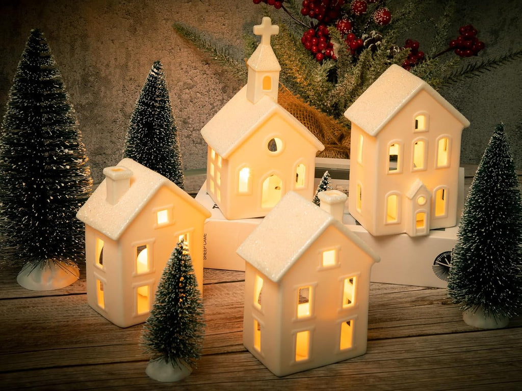 9-piece lighted christmas village set, 4 ceramic houses showing dimensions
