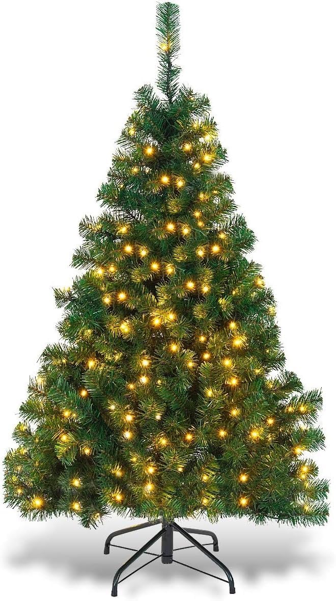 HAPPYGRILL 4.5FT Pre-Lit Artificial Christmas Tree, Auto-Spread Premium Spruc...