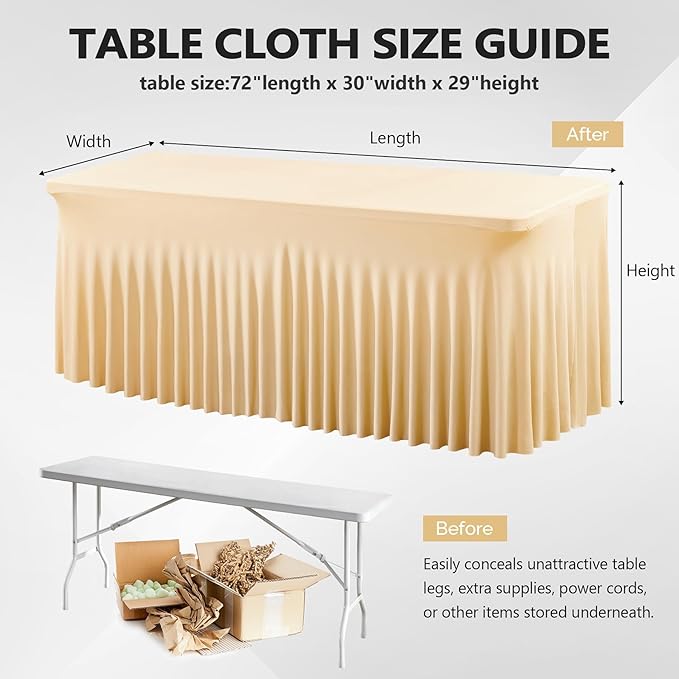 2 Pack Champagne Spandex Table Clothes for 6 Foot Rectangle Tables, 6FT Wrinkle Free Fitted Tablecloths Ruffles Design Table Cover for Party, Banquet, Wedding and Events