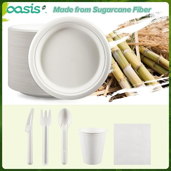 350PCS Disposable Paper Dinnerware Set for 50 Guests, Compostable 50 Dessert Plates, 50 9 inch Plates, 50 Cups, 50 Spoons, 50 Forks, 50 Knives and 50 Napkins, Perfect for Parties(White)