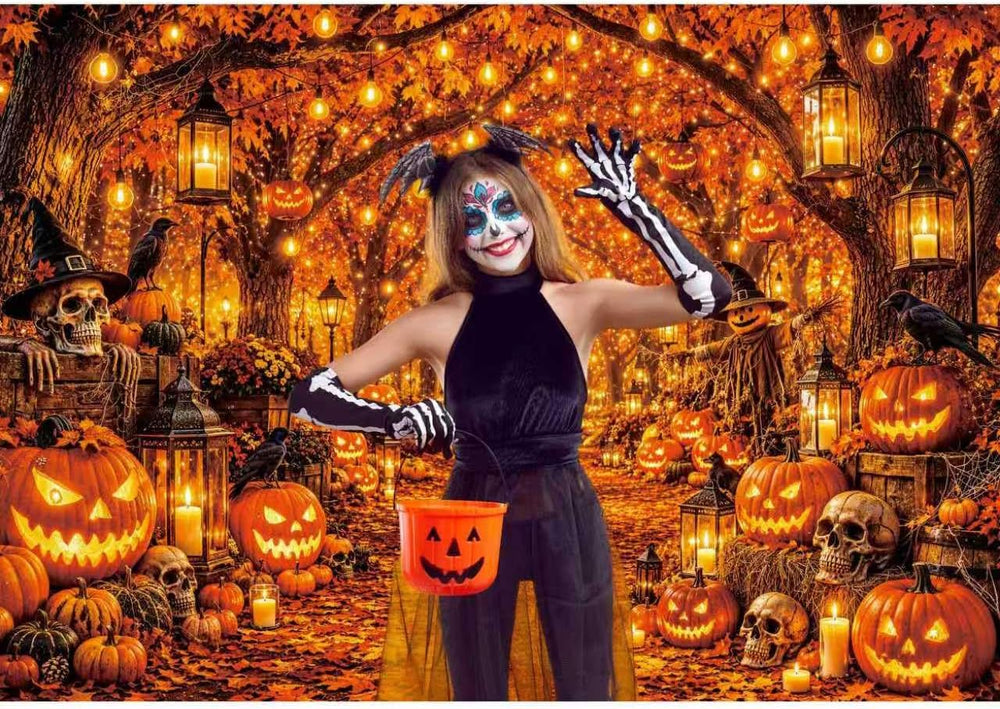 Halloween Backdrop - Pumpkings Lantern Skull Bats Autumn Forest Photography B...