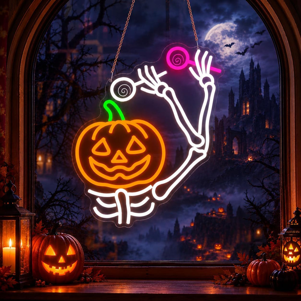 Waving Pumpkin Skull Halloween Neon Sign Skeleton LED Pumpkin with Lollipop