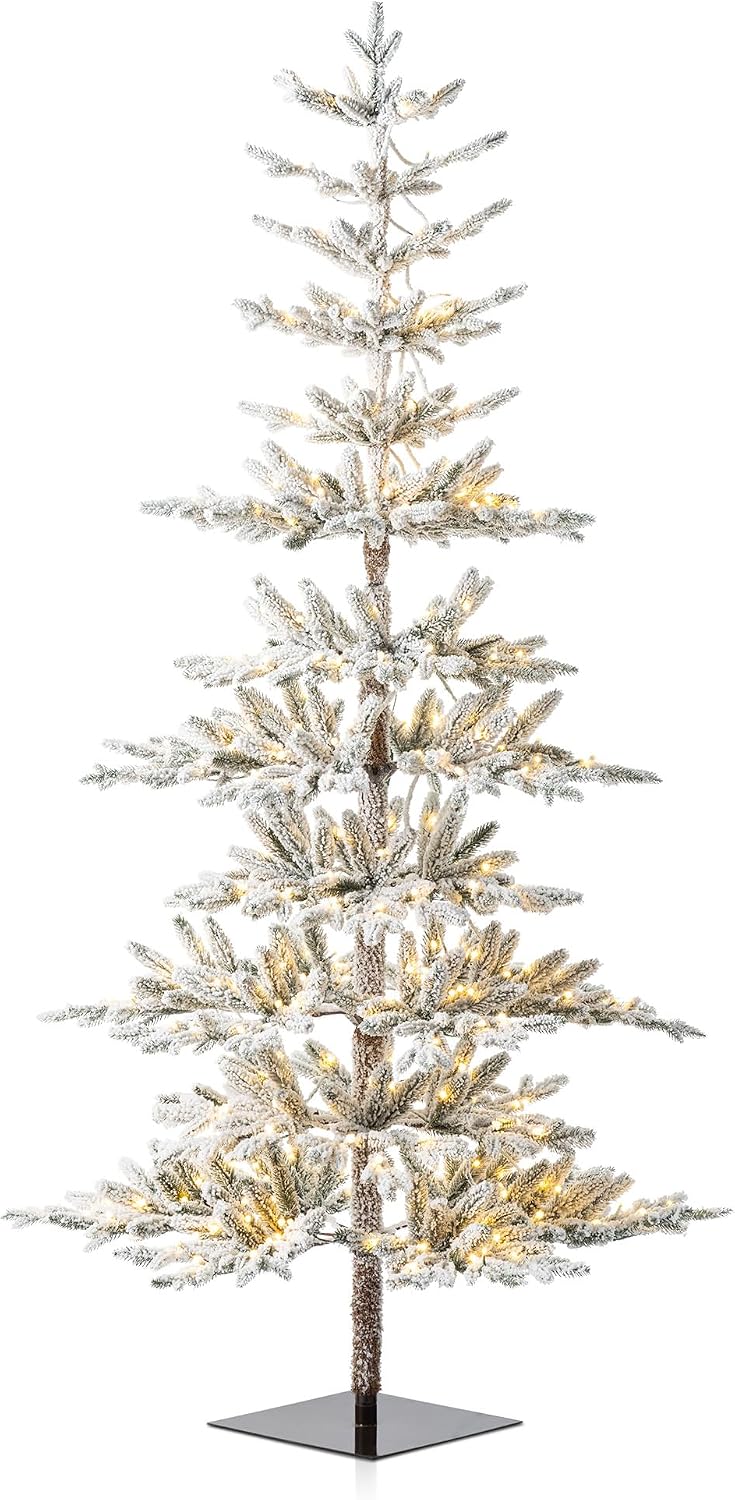 Glitzhome Flocked Christmas Tree, 7ft Pre-Lit Artificial Christmas Tree with ...