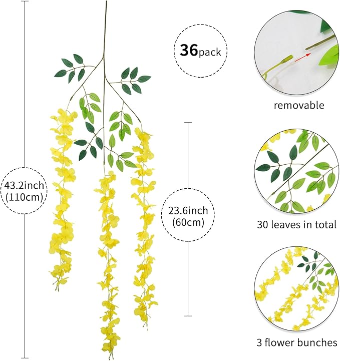 36 Pack Wisteria Hanging Artificial Flowers Fake Flowers Ratta Hanging Garland Silk Flowers String for Home Garden Party Wedding Backdrop Arch Decor (Yellow)