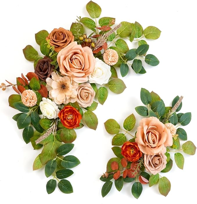 Wedding decor (pack of 2) Welcome Sign Flower Backdrop Garland For Ceremony Reception Wall Easel Home Decoration Entryway Faux Outdoor Board Head Table Decor (Orange & Terracotta)