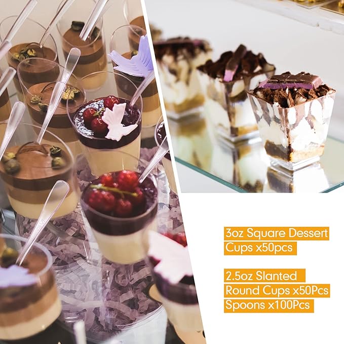 Nuogo 100 Pcs Mini Dessert Cups with Spoons Include 3 oz Square Plastic Appetizer Cups 2.5 oz Slanted Round Parfait Shooter Cup Small Clear Mousse Pudding Cup for Wedding Baby Shower Birthday Party (200 Pcs)