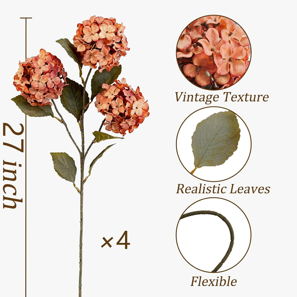 Thewe 4Pcs Orange Hydrangea Artificial Flowers – 27" Vintage Fake Flowers
